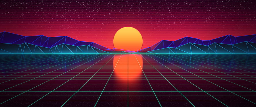 Retro Synthwave Sunset Over Neon Grid Landscape With Low Poly Mountains HD wallpaper