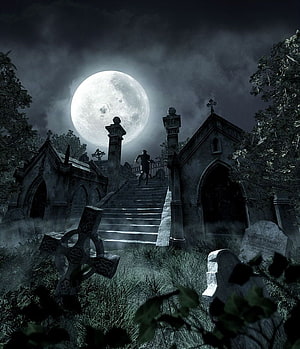 Eerie Full Moon Overgothic Cemetery With Silhouetted Figure On Stone Steps HD phone wallpaper