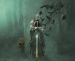 Mystical Hooded Warrior with Glowing Sword and Wolf in Dark Forest HD wallpaper