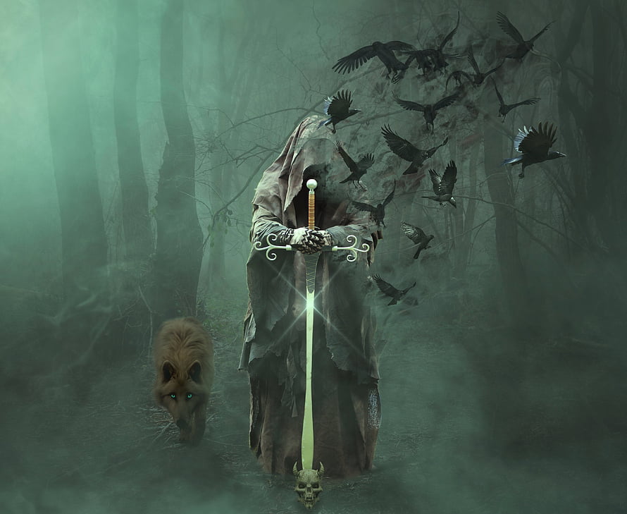 Mystical Hooded Warrior with Glowing Sword and Wolf in Dark Forest HD wallpaper