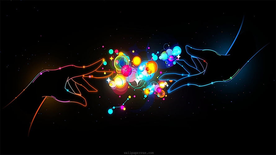 Neon Hands Reaching for Glowing Orbs Against a Dark Starry Background HD wallpaper