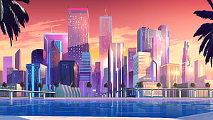 Vibrant Sunset Cityscape with Palm Trees and Reflecting Pool in Digital Art Style HD wallpaper