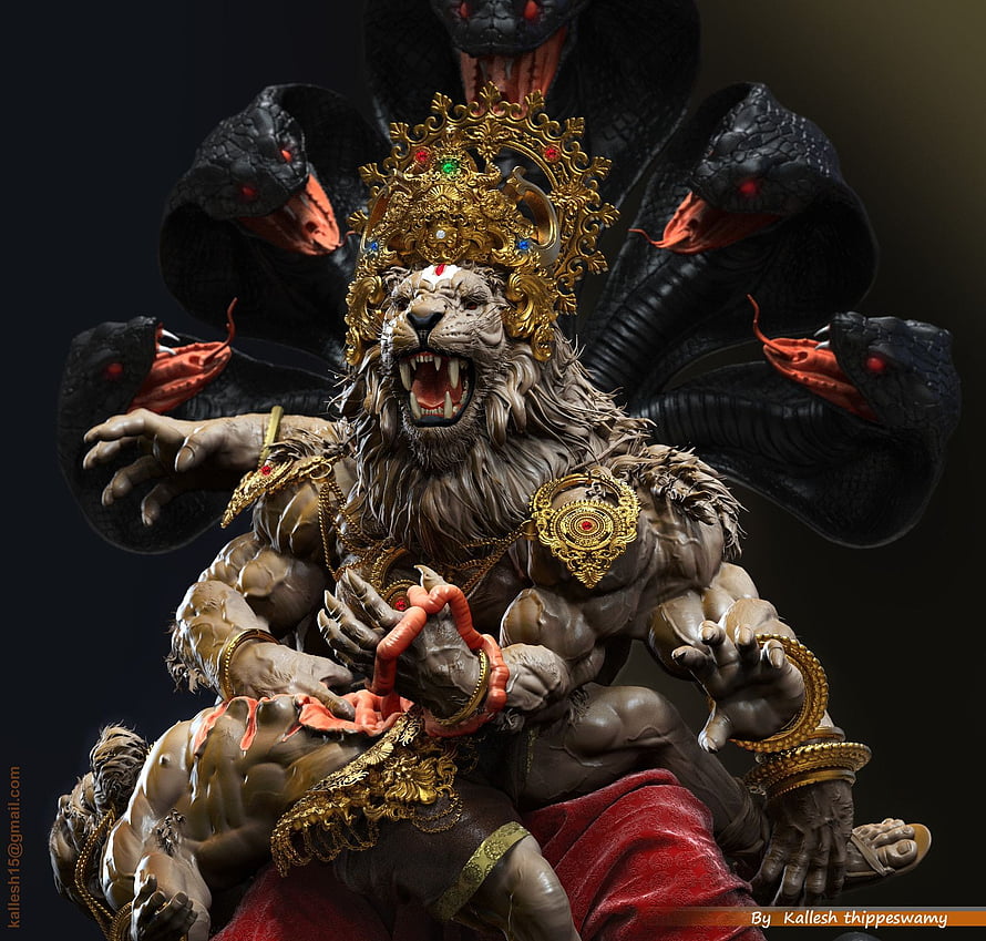 Narasimha Avatar: Fierce Lion-Headed Deity with Serpent Crown and Golden Ornaments HD wallpaper