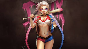 Harley Quinn digital art with baseball bat and colorful braids HD wallpaper