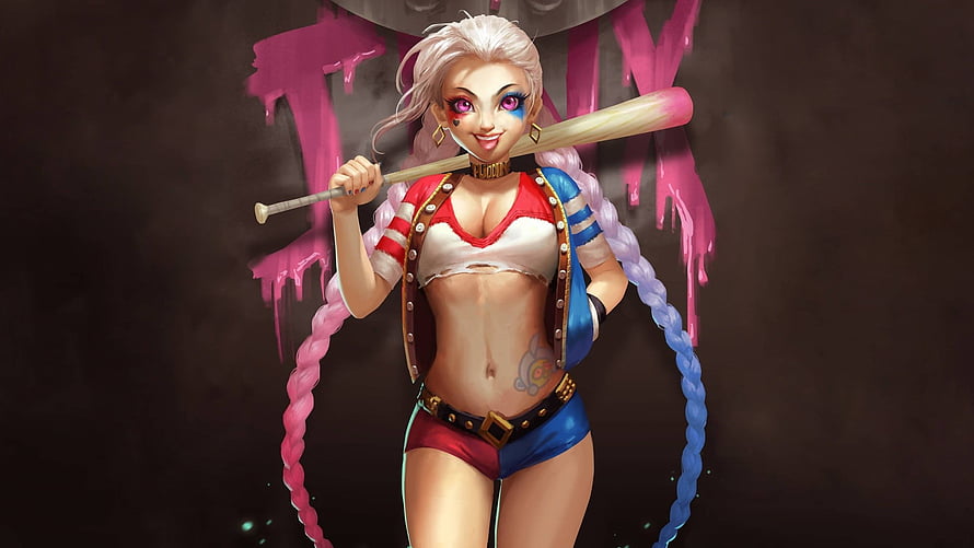 Harley Quinn digital art with baseball bat and colorful braids HD wallpaper