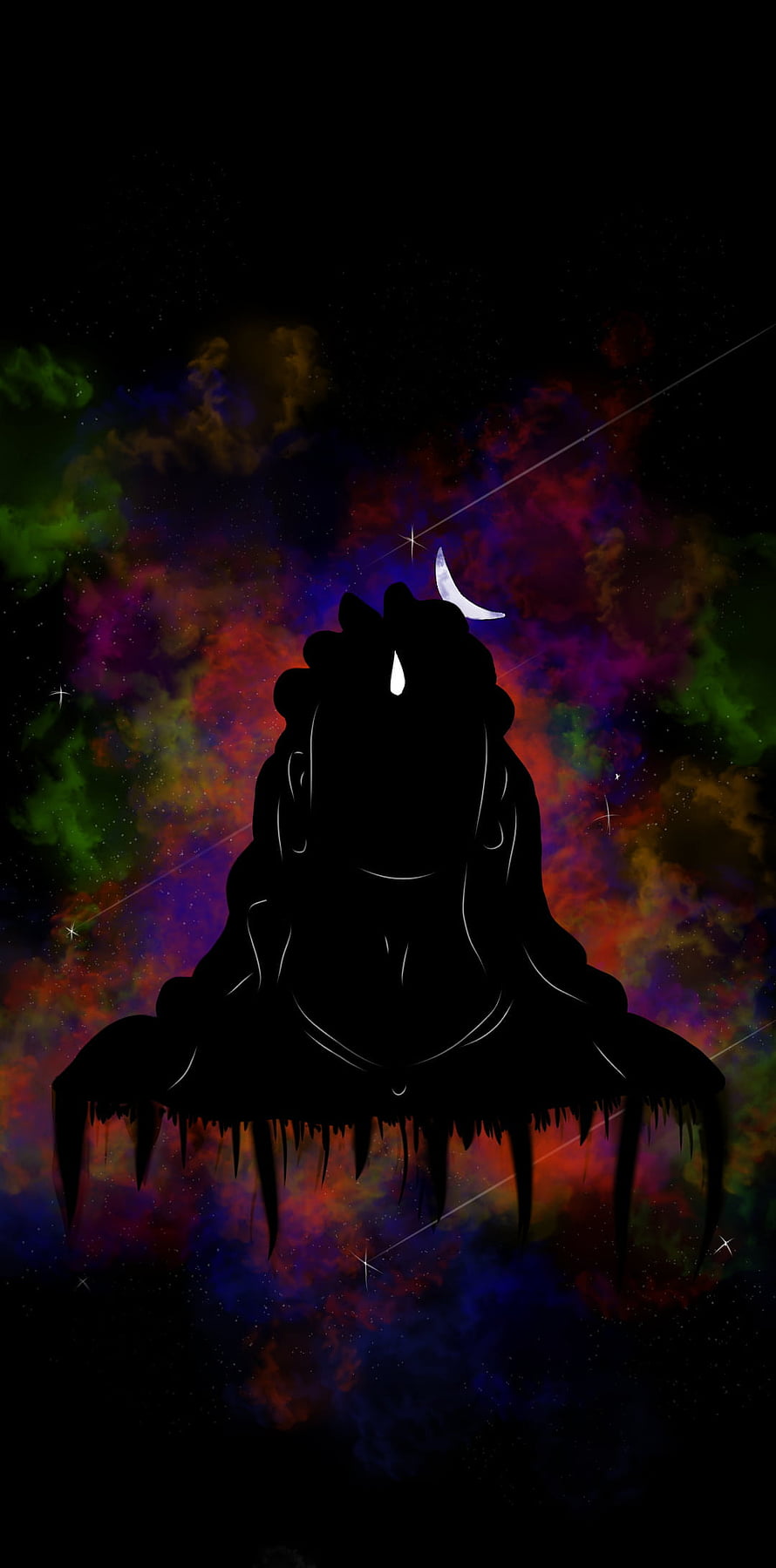 Adiyogi Mahadev Silhouette Against Vibrant Cosmic Nebula and Crescent Moon HD phone wallpaper