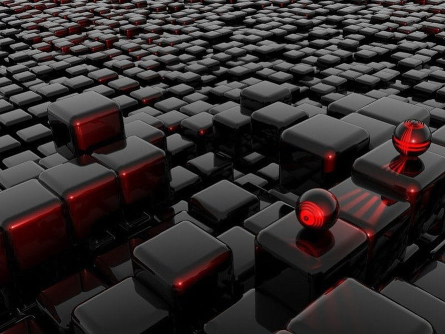 Abstract 3D Render of Glossy Black Cubes and Red Spheres in a Dark Grid HD wallpaper
