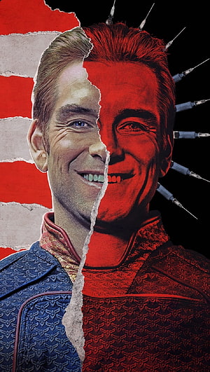 Homelander Split Face Poster From The Boys Series With Syringes and Torn Paper Effect HD phone wallpaper