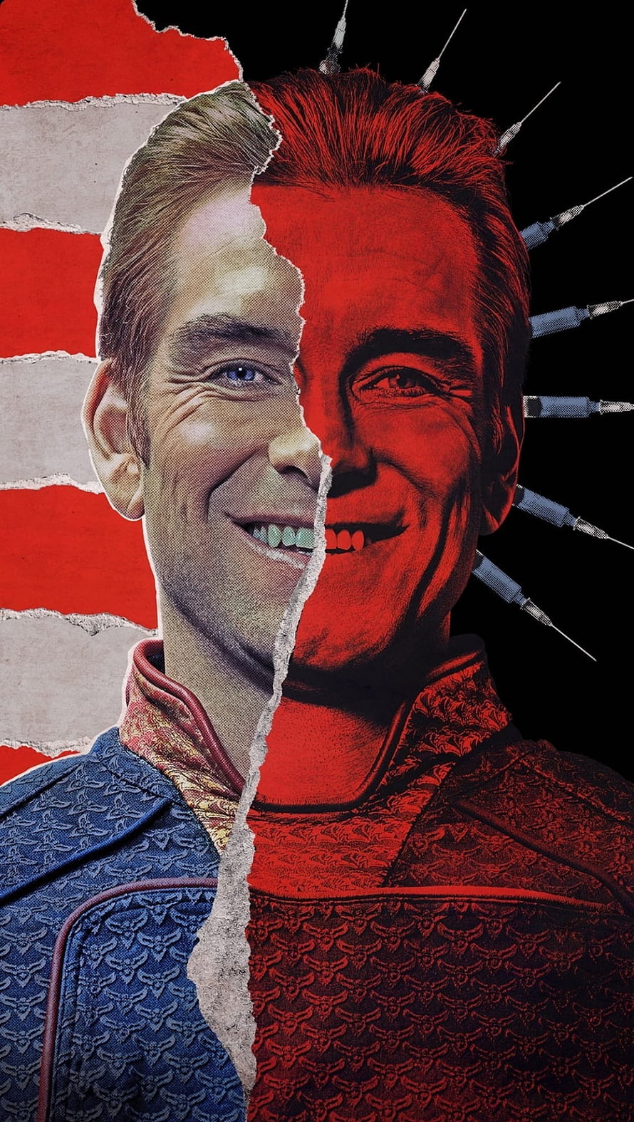 Homelander Split Face Poster From The Boys Series With Syringes and Torn Paper Effect HD phone wallpaper