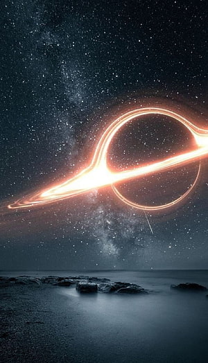 Glowing Black Hole with Accretion Disk Over a Starry Night Beach HD phone wallpaper