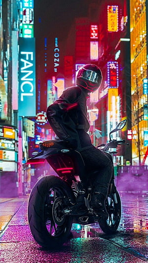 Cyberpunk Biker on a Motorcycle in a Neon-Lit City Street at Night HD phone wallpaper
