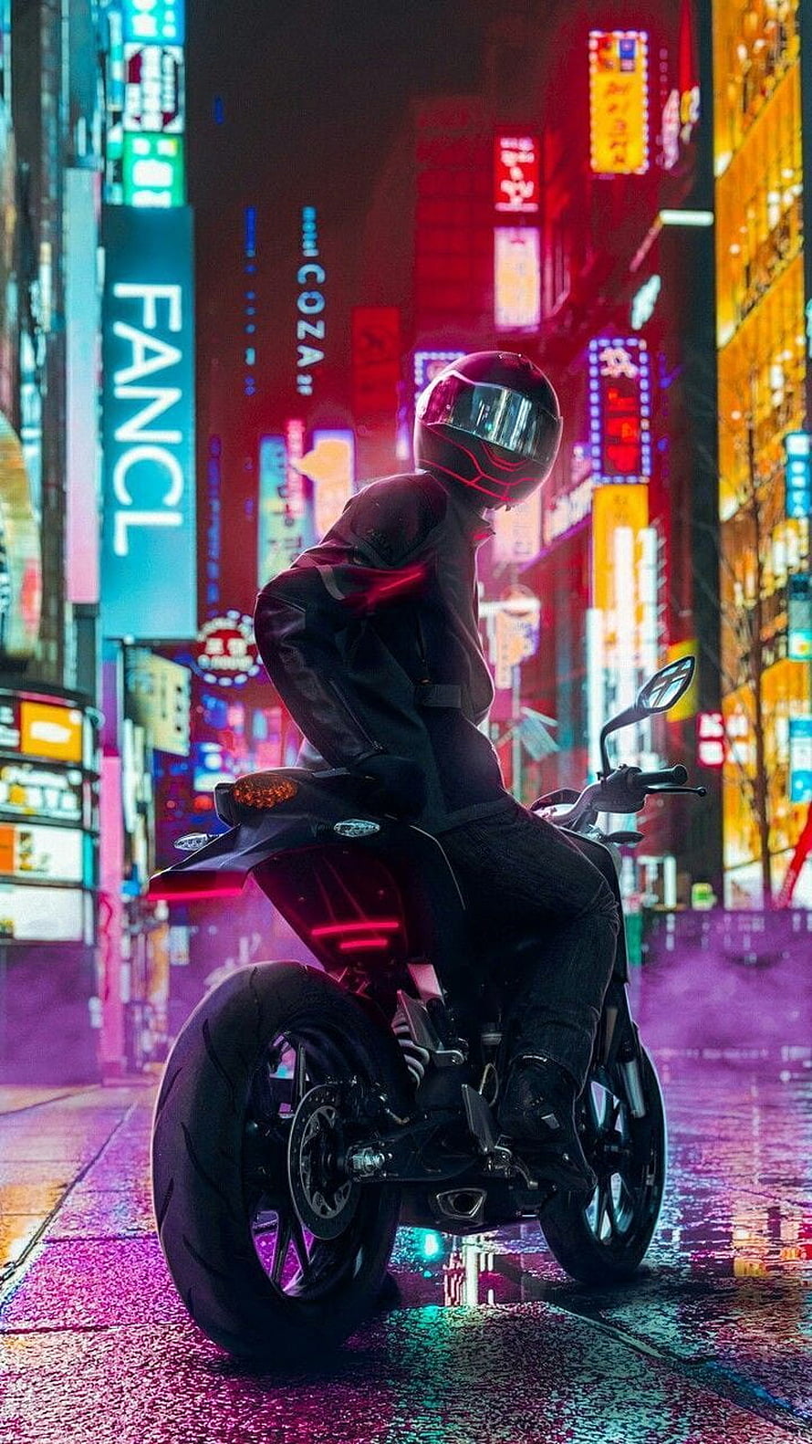 Cyberpunk Biker on a Motorcycle in a Neon-Lit City Street at Night HD phone wallpaper