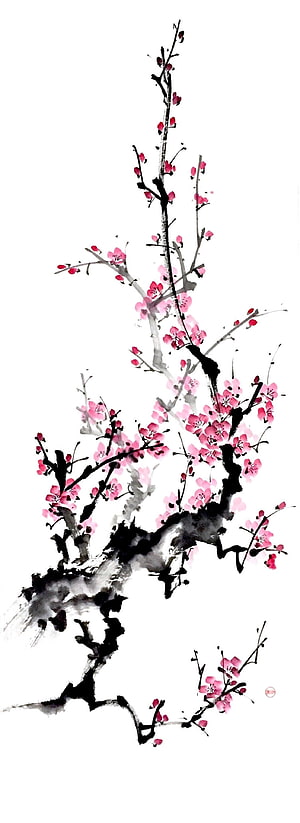 Traditional Sumie Ink Painting of a Blooming Plum Blossom Branch HD phone wallpaper