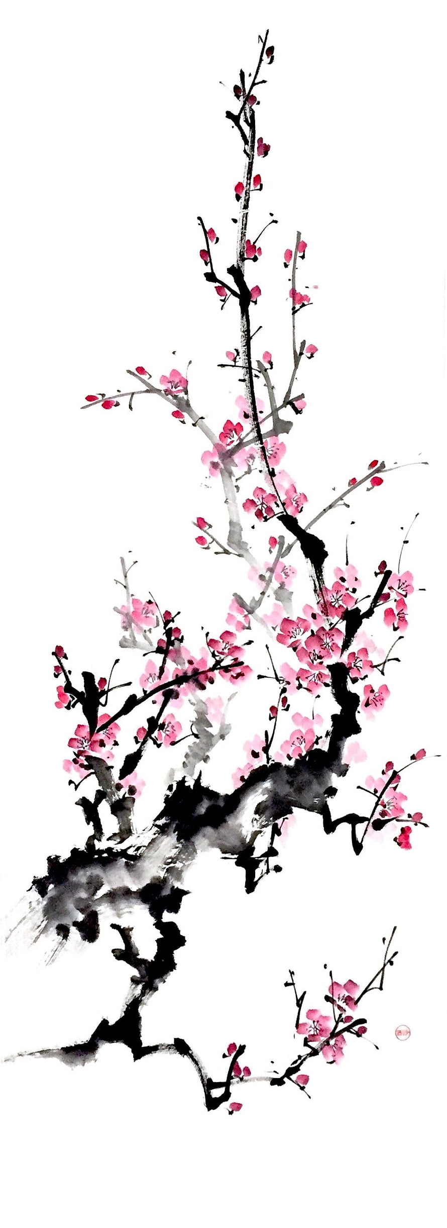 Traditional Sumie Ink Painting of a Blooming Plum Blossom Branch HD phone wallpaper
