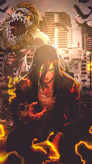 Eren Yeager and the Attack Titan in a fiery anime illustration HD phone wallpaper