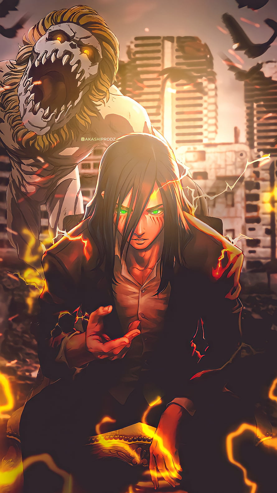 Eren Yeager and the Attack Titan in a fiery anime illustration HD phone wallpaper