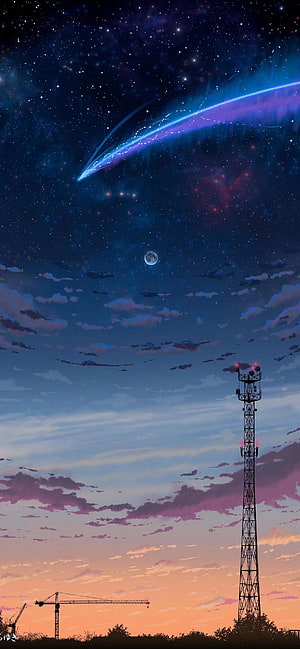 Anime Night Sky with Comet, Moon, and Communication Tower at Sunset HD phone wallpaper