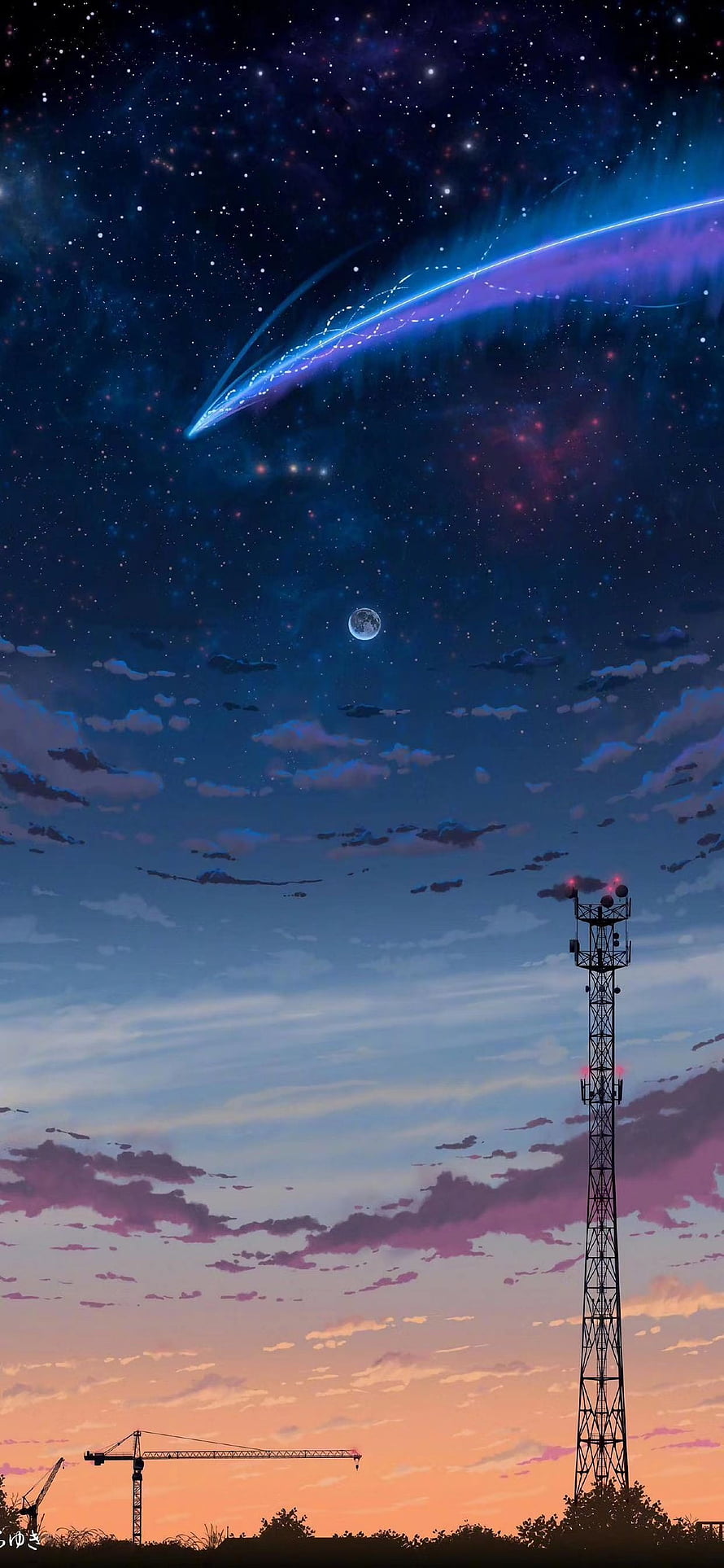 Anime Night Sky with Comet, Moon, and Communication Tower at Sunset HD phone wallpaper