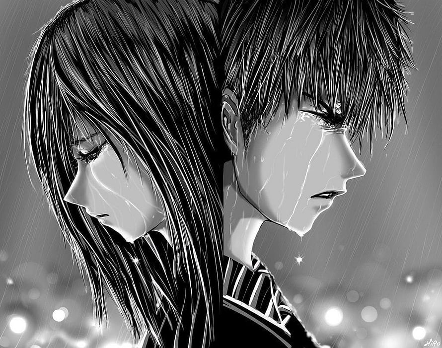 Monochrome Anime Couple Crying In The Rain With Backs Together HD wallpaper