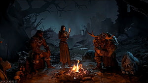 Diablo IV Campfire Scene with Barbarian, Sorceress, and Druid in Dark Wilderness HD wallpaper