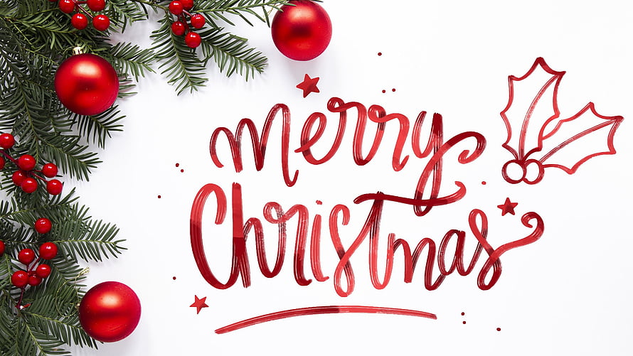 Festive Christmas Greeting With Pine Branches, Red Ornaments, and Calligraphy on White Background HD wallpaper