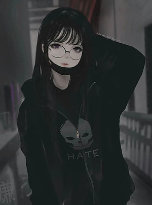 Dark Anime Girl with Round Glasses and Black Hoodie in Moody Urban Setting HD phone wallpaper