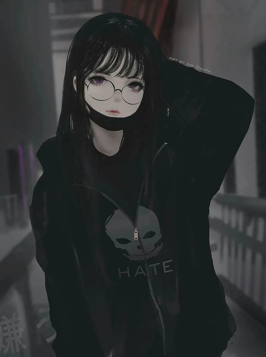 Dark Anime Girl with Round Glasses and Black Hoodie in Moody Urban Setting HD phone wallpaper