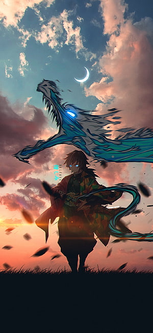 Giyu Tomioka from Demon Slayer with Water Breathing Dragon at Sunset HD phone wallpaper