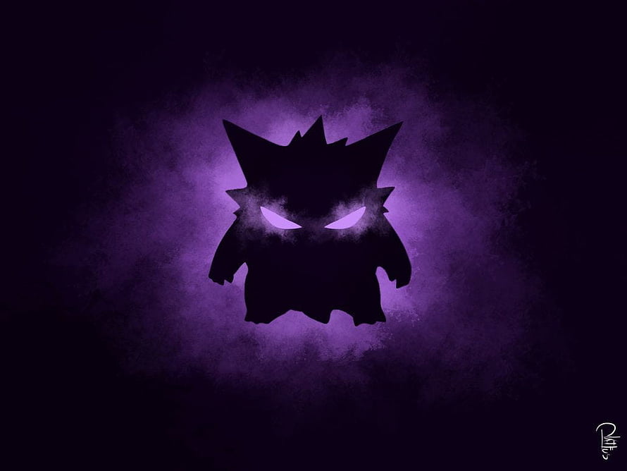 Gengar Silhouette with Glowing Purple Eyes Against Dark Misty Background HD wallpaper