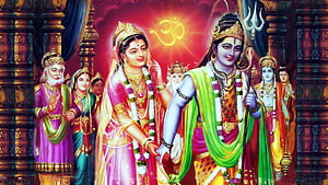Lord Shiva and Goddess Parvati Wedding Scene with Om Symbol and Divine Entourage HD wallpaper