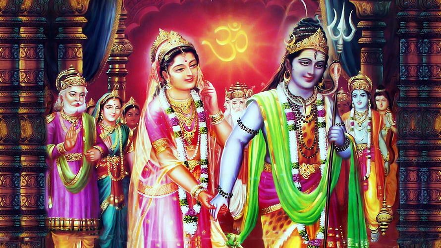 Lord Shiva and Goddess Parvati Wedding Scene with Om Symbol and Divine Entourage HD wallpaper