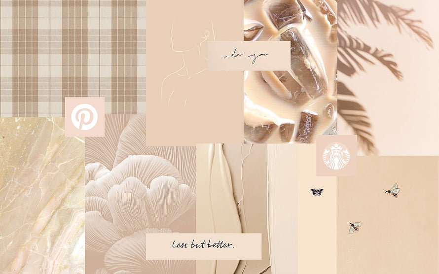 Beige Aesthetic Mood Board with Marble, Flowers, and Coffee Elements HD wallpaper