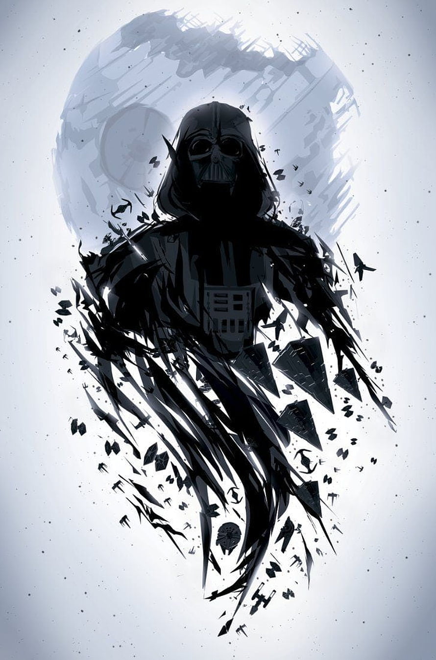Darth Vader Shattering Silhouette Against a Pale Celestial Sphere in Monochrome Digital Art HD phone wallpaper