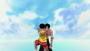 One Piece Luffy and Ace Embracing Under a Bright Blue Sky HD wallpaper