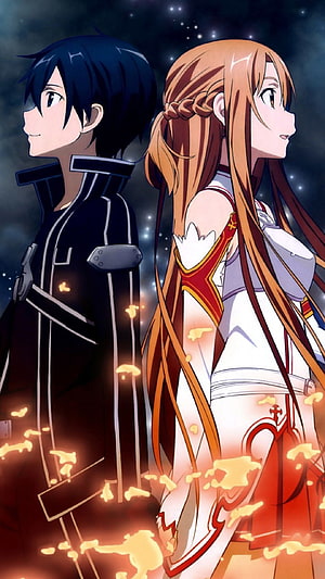 Sword Art Online Kirito and Asuna Standing Back to Back Under Starry Night Sky HD phone wallpaper