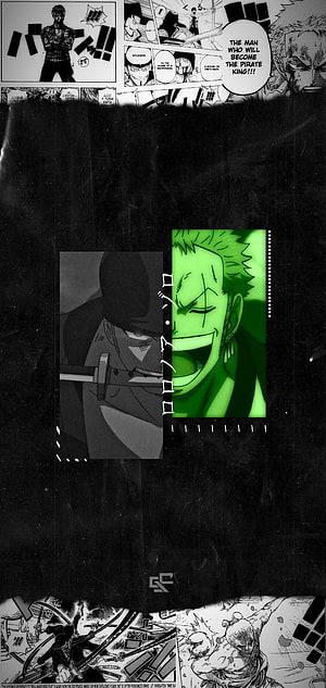 Roronoa Zoro One Piece Anime Wallpaper with Manga Panels and Green Portrait HD phone wallpaper