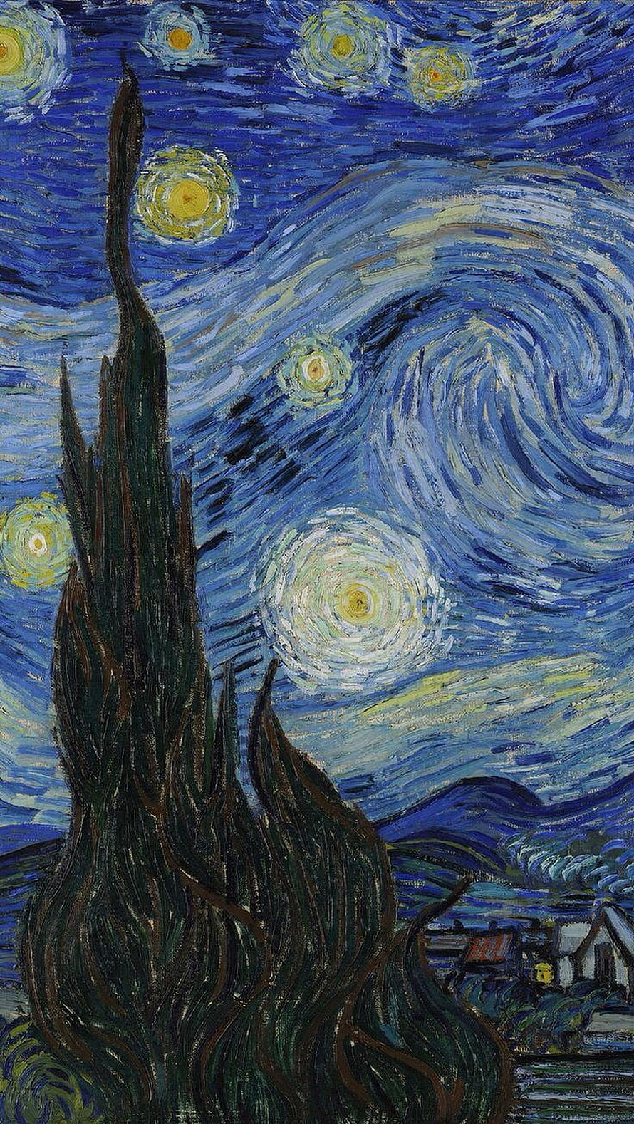 Vincent van Gogh Starry Night Oil Painting with Swirling Sky and Cypress Tree HD phone wallpaper