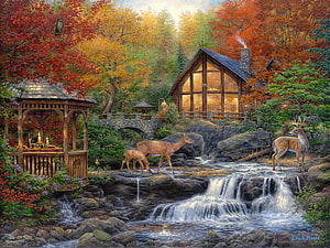 Cozy Log Cabin in Autumn Forest with Deer and Waterfall by Chuck Pinson HD wallpaper