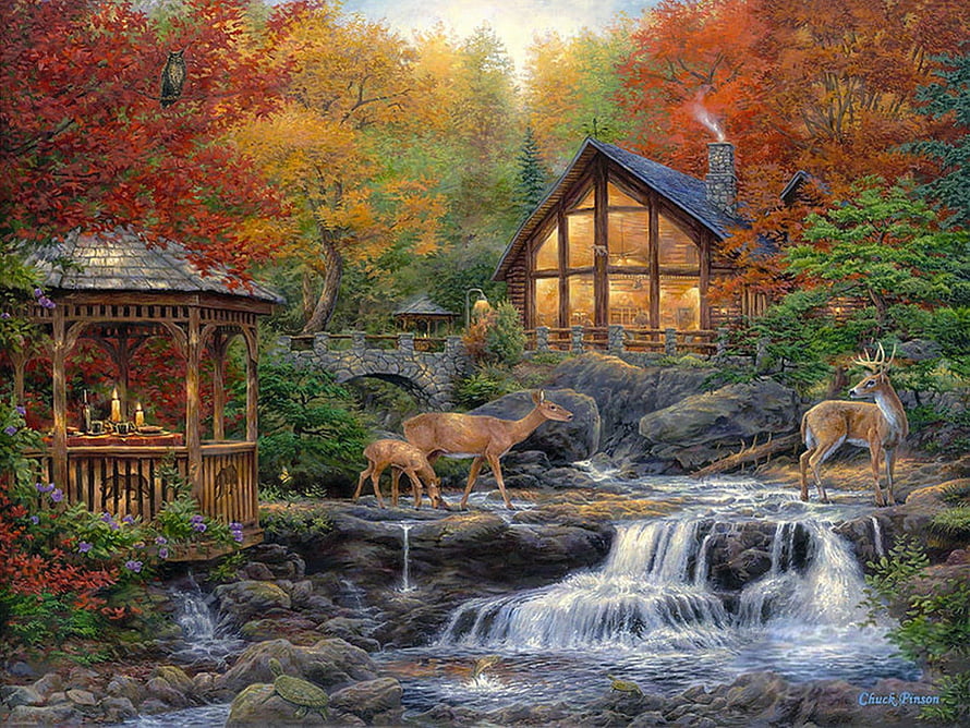 Cozy Log Cabin in Autumn Forest with Deer and Waterfall by Chuck Pinson HD wallpaper