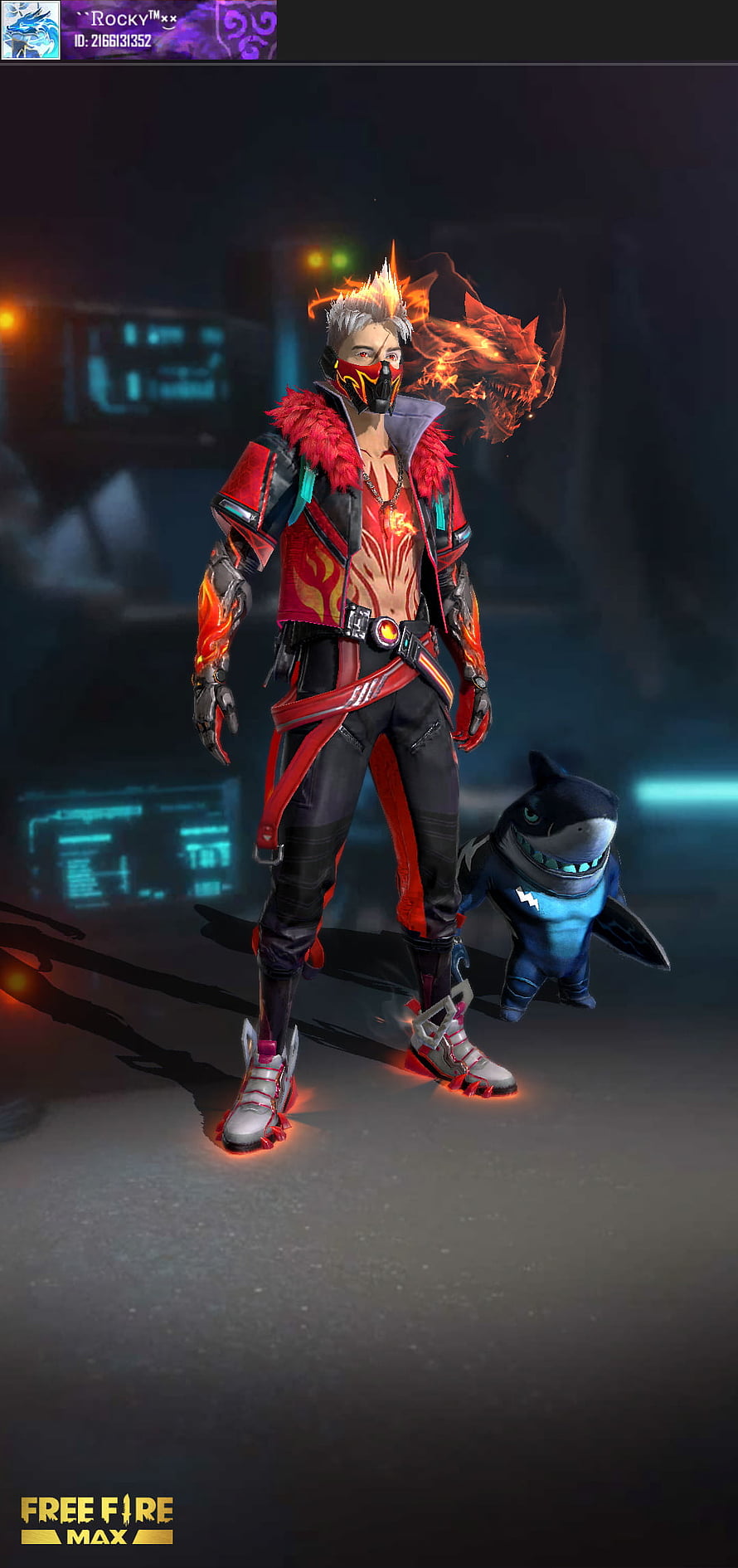 Free Fire Max Fire Rampage Bundle Character with Shark Companion and Dragon Aura HD phone wallpaper