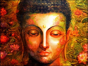 Serene Buddha Portrait with Lotus Flowers and Warm Golden Tones HD wallpaper