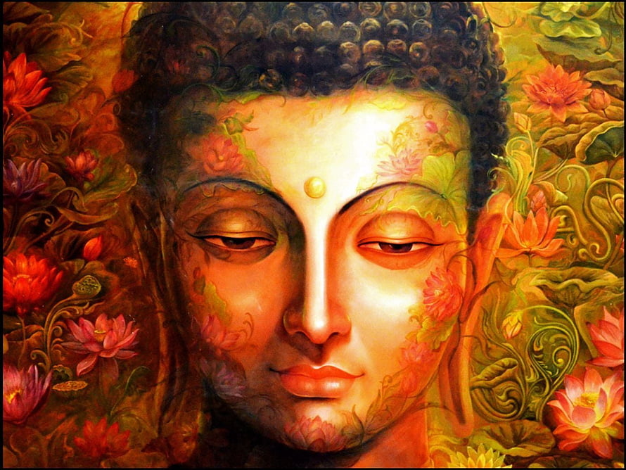 Serene Buddha Portrait with Lotus Flowers and Warm Golden Tones HD wallpaper