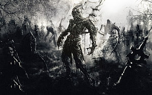 Dark Fantasy Zombie Horde Concept Art with Skeletal Figures in Misty Forest HD wallpaper