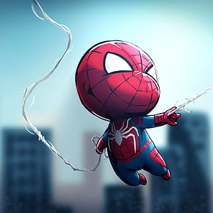 Chibi Spider-Man Swinging Through a City Skyline in a Cute Digital Illustration HD phone wallpaper