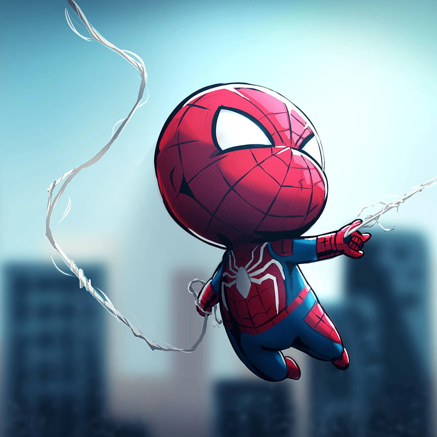 Chibi Spider-Man Swinging Through a City Skyline in a Cute Digital Illustration HD phone wallpaper