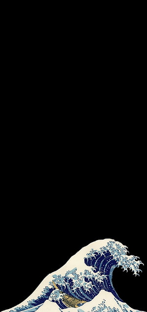 Minimalist Japanese Woodblock Print of a Giant Ocean Wave on Black Background HD phone wallpaper