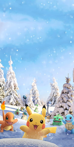 Pikachu and Pokemon Friends in a Snowy Winter Forest Landscape HD phone wallpaper