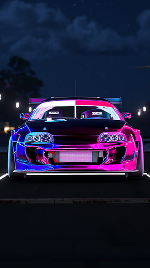 Neon Pink Supra Widebody Drift Car with RGB Lighting at Night HD phone wallpaper