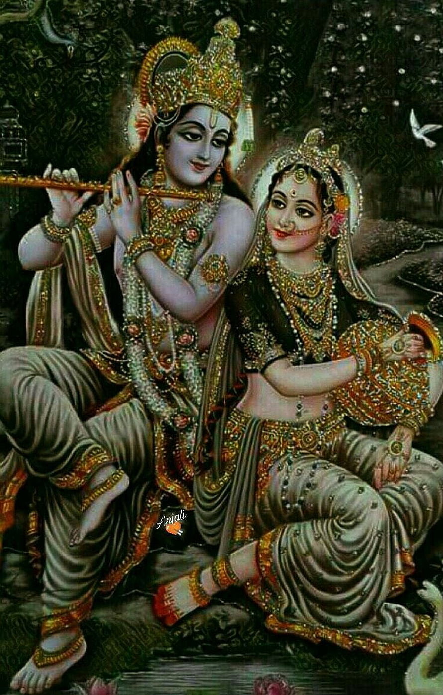Radha Krishna Painting: Divine Couple in Ornate Attire with Flute and Mirror HD phone wallpaper