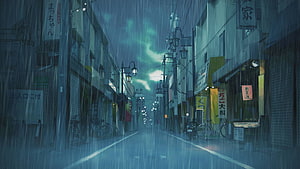 Atmospheric Anime Rainy Street Scene with Japanese Shopfronts and Neon Glow HD wallpaper